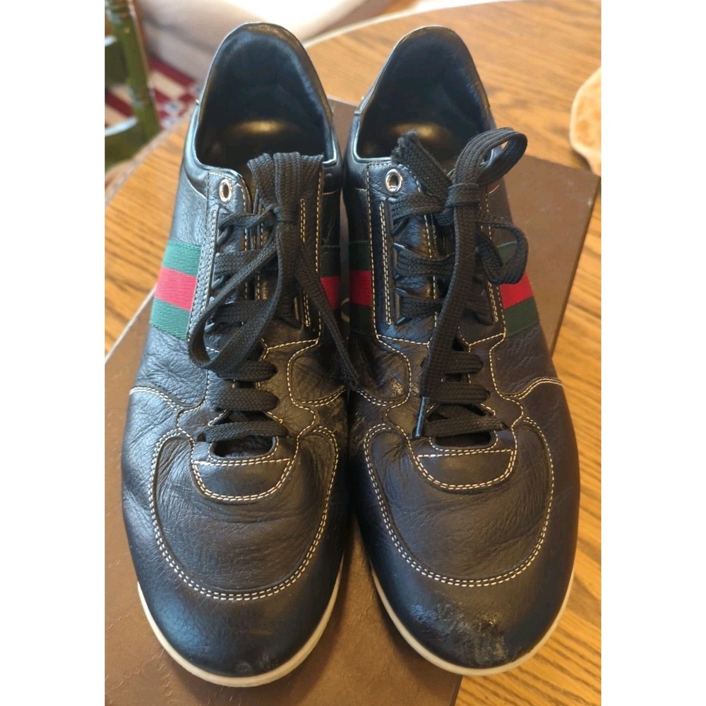 Gucci GG Web Stripe Sneakers Black Leather Size 8 US Low Top Lace-Up Trainer Box - Picture 3 of 16